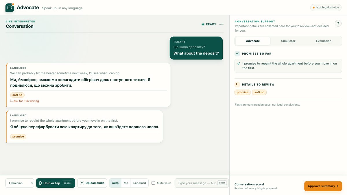 Advocate screenshot: a translated conversation where one landlord line is marked as a soft no and another as a promise