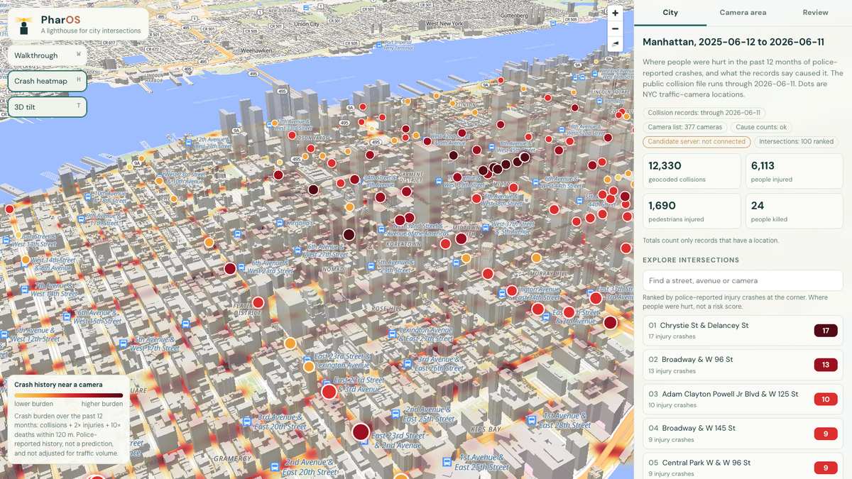 PharOS screenshot: my 3D map of Manhattan showing a year of crash history and a ranked list of intersections