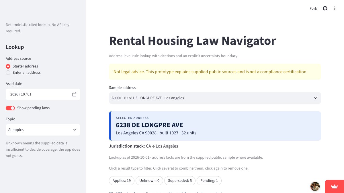 Rental Housing Law Navigator screenshot: a Los Angeles address with its applicable, superseded and pending housing rules
