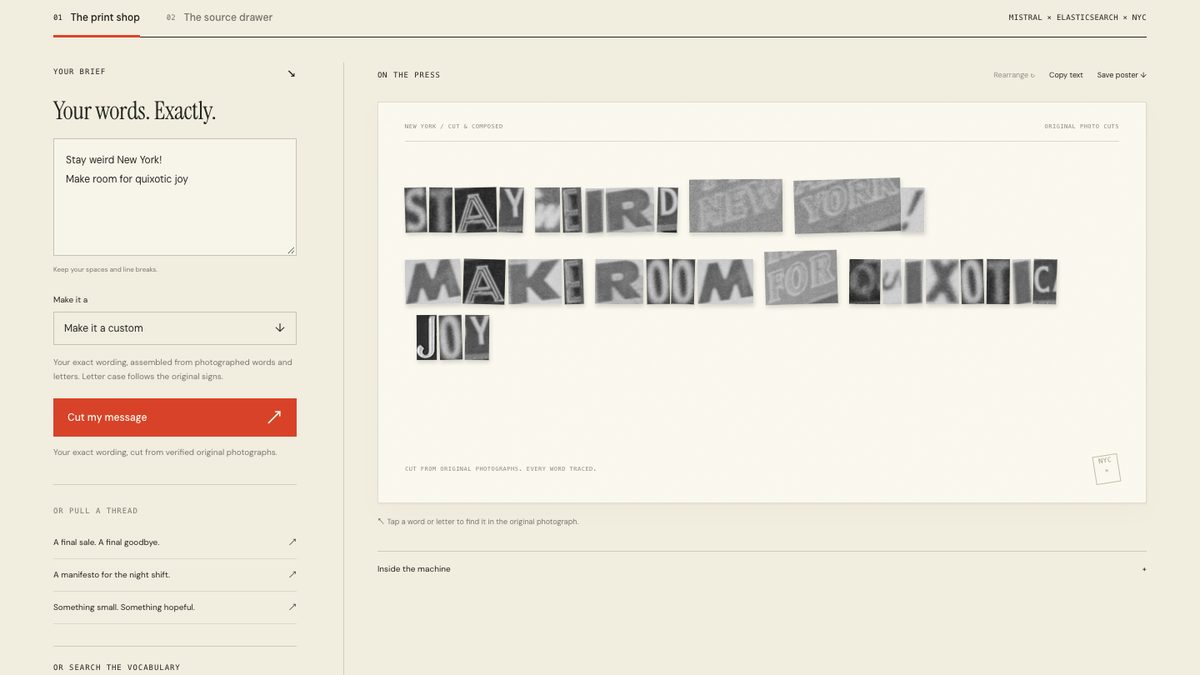 StreetScript screenshot: a message assembled from words cut out of old New York storefront photographs